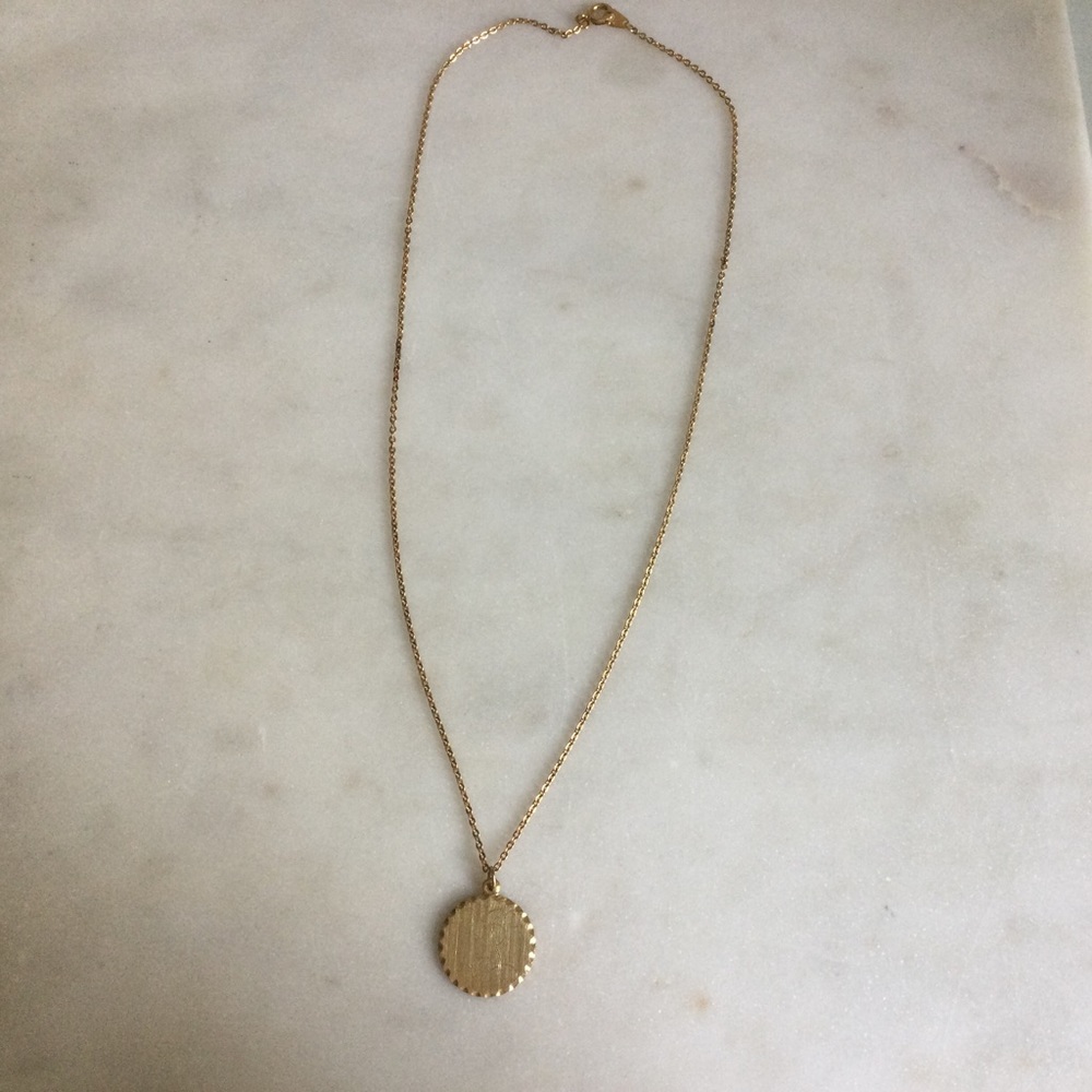 Vintage Kelly Waters Brushed Gold Engraved “J” Disc Necklace